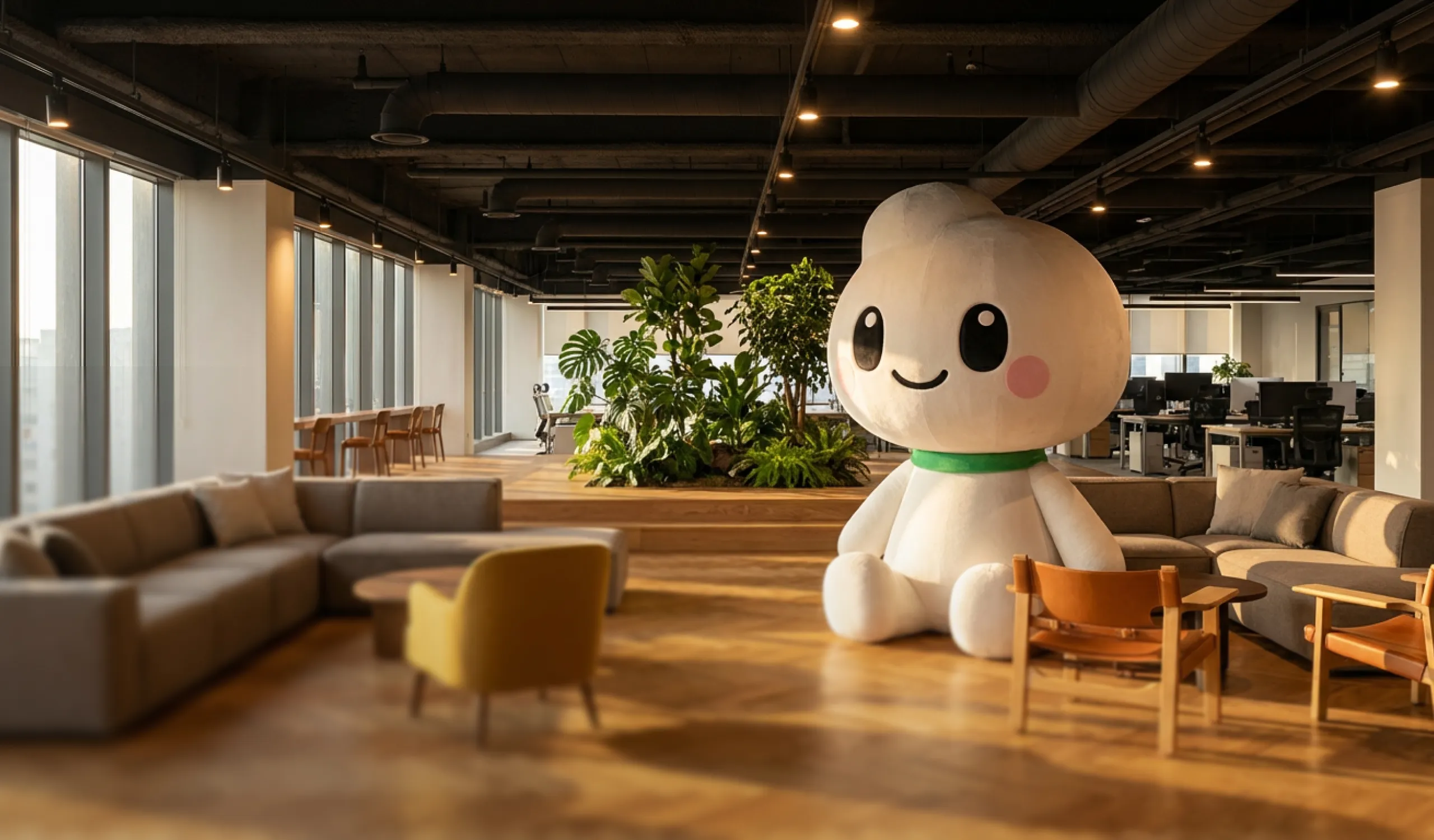 A giant plush Mengbao in an office lounge