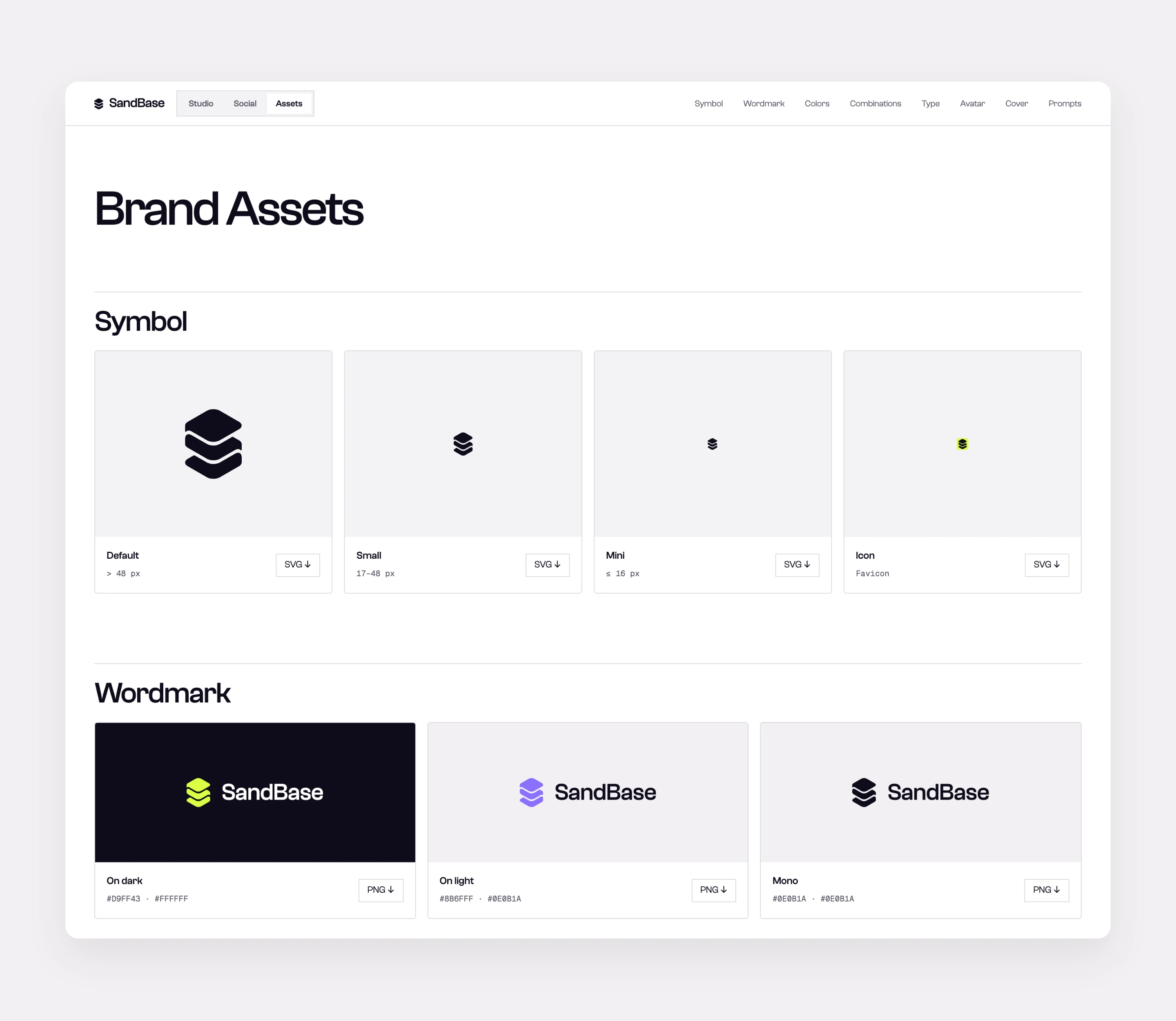 SandBase’s Assets page showing symbol sizes and wordmark variants