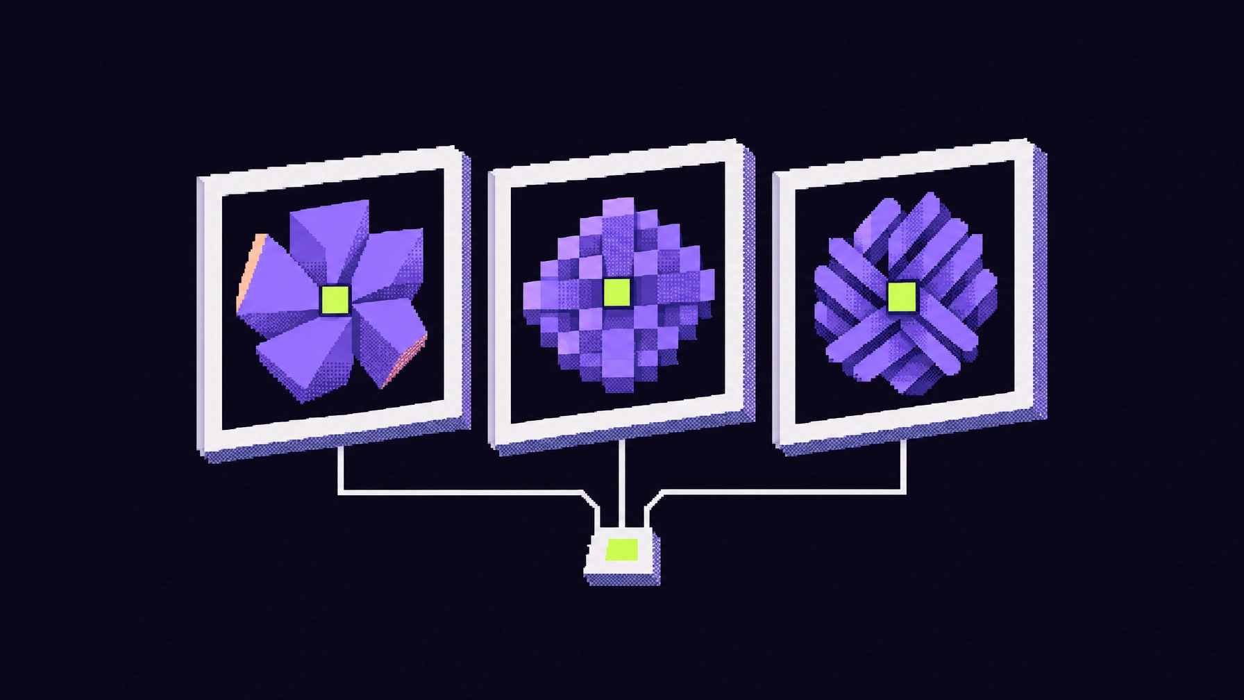 Creative testing: three framed geometric variations connect to a lime node