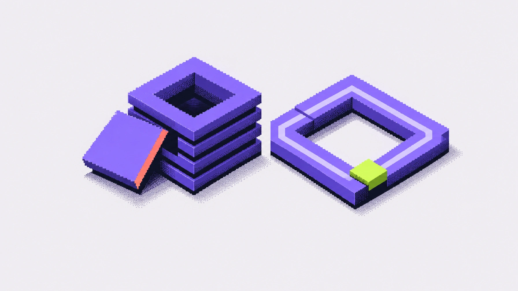 Debug or retry: an open layered cube beside a looping path