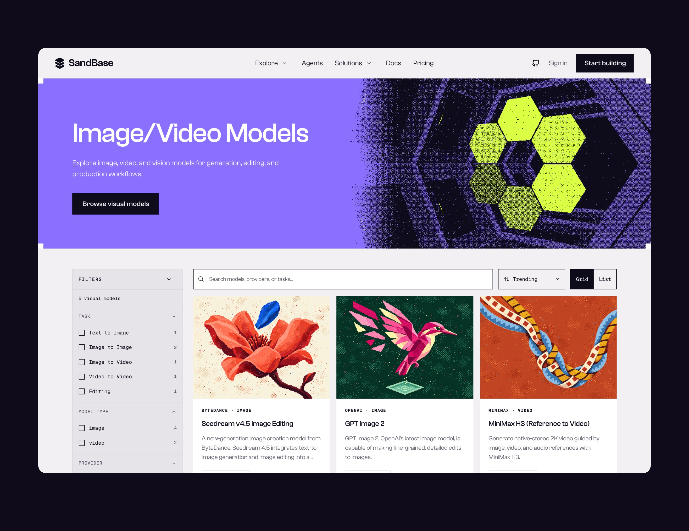 Image and video model catalog with illustrated covers, search, and filters