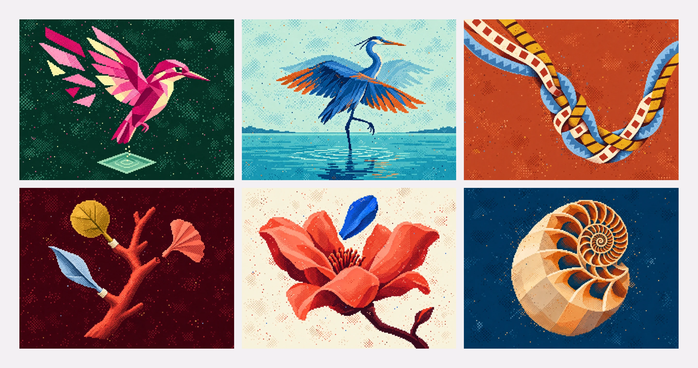 Six model cover illustrations: a hummingbird, heron, woven ribbons, coral, flower, and nautilus shell