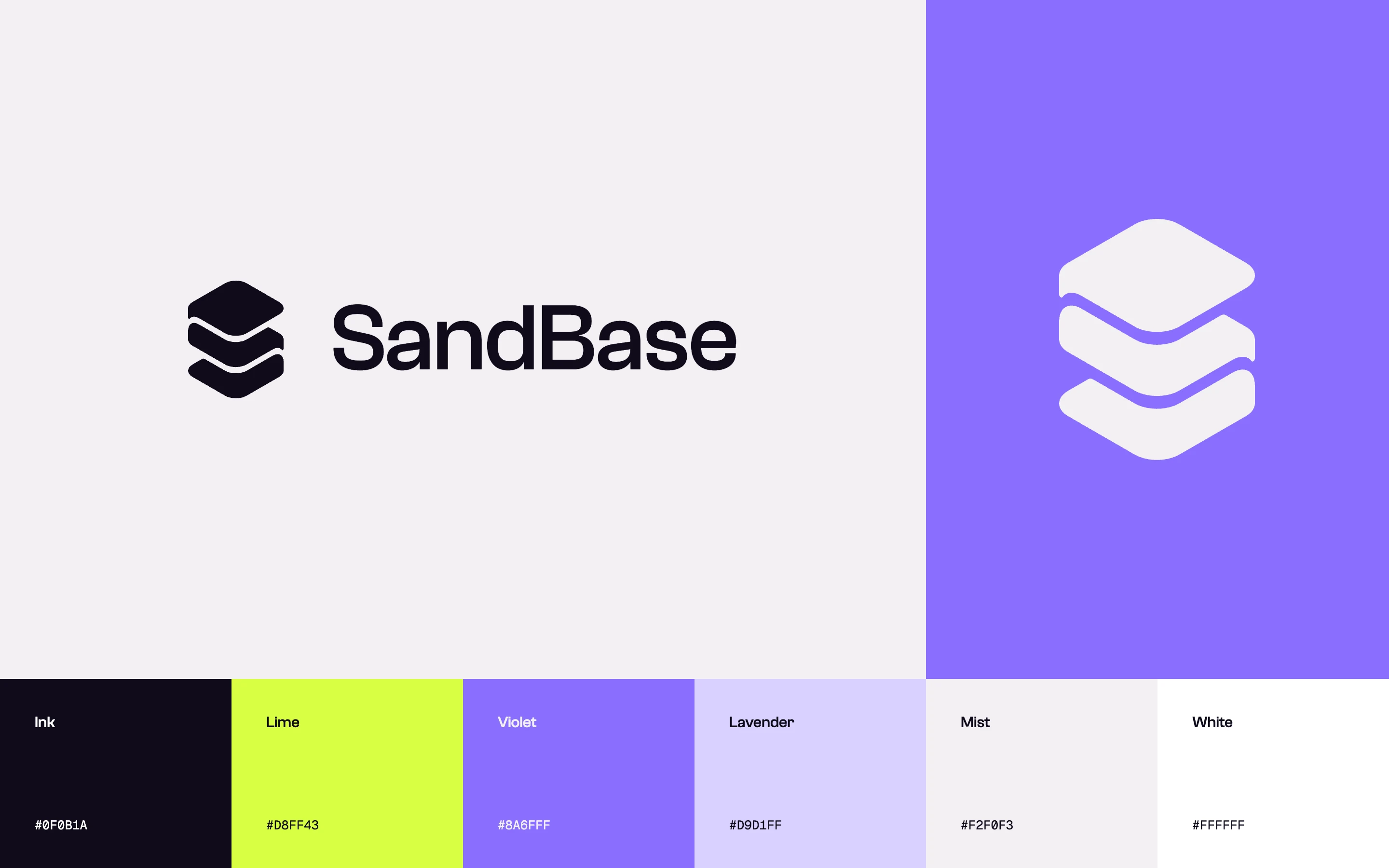 SandBase’s symbol and wordmark with the ink, lime, violet, lavender, mist, and white palette