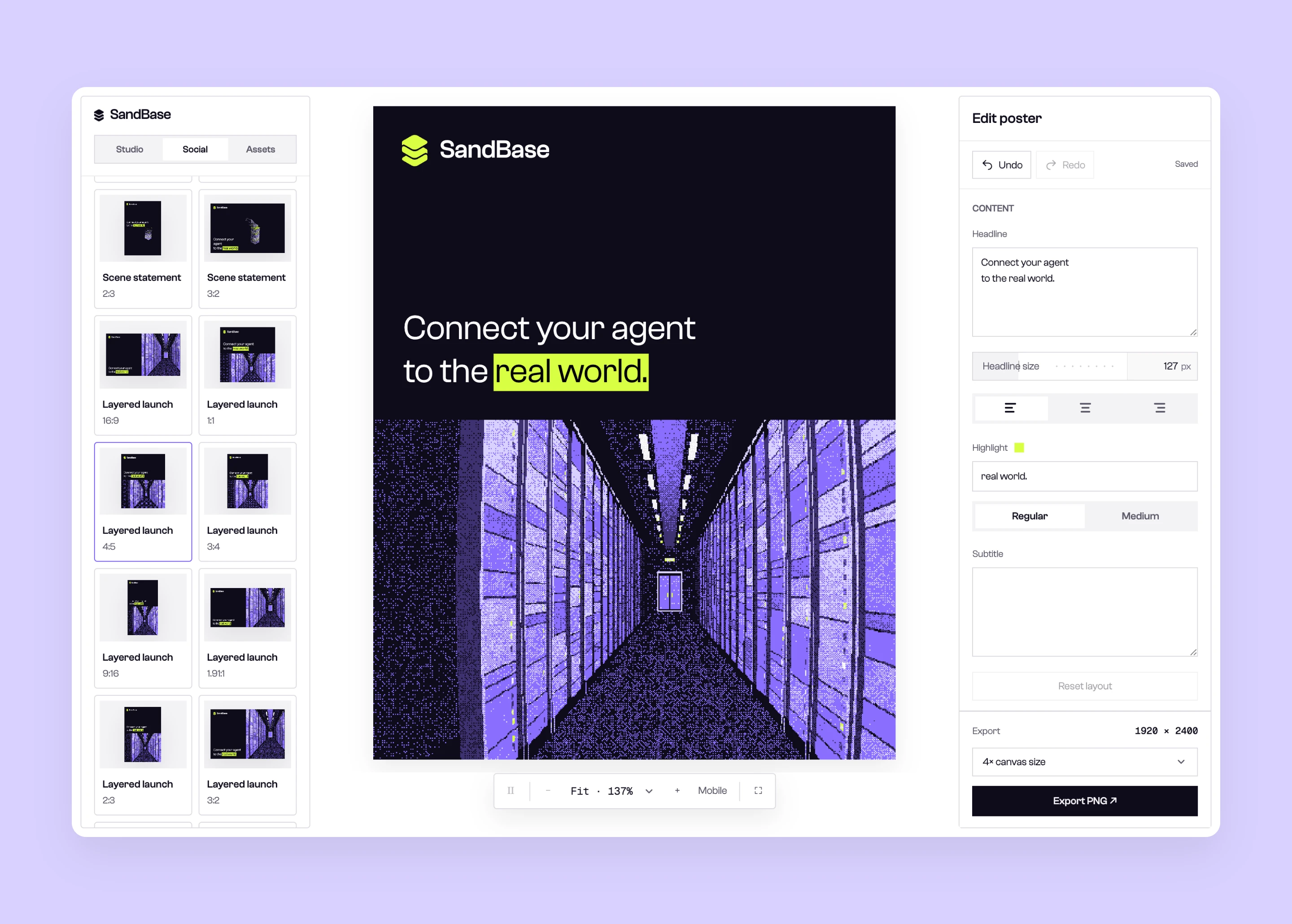 SandBase’s Social editor showing poster templates, layout controls, and a layered announcement design