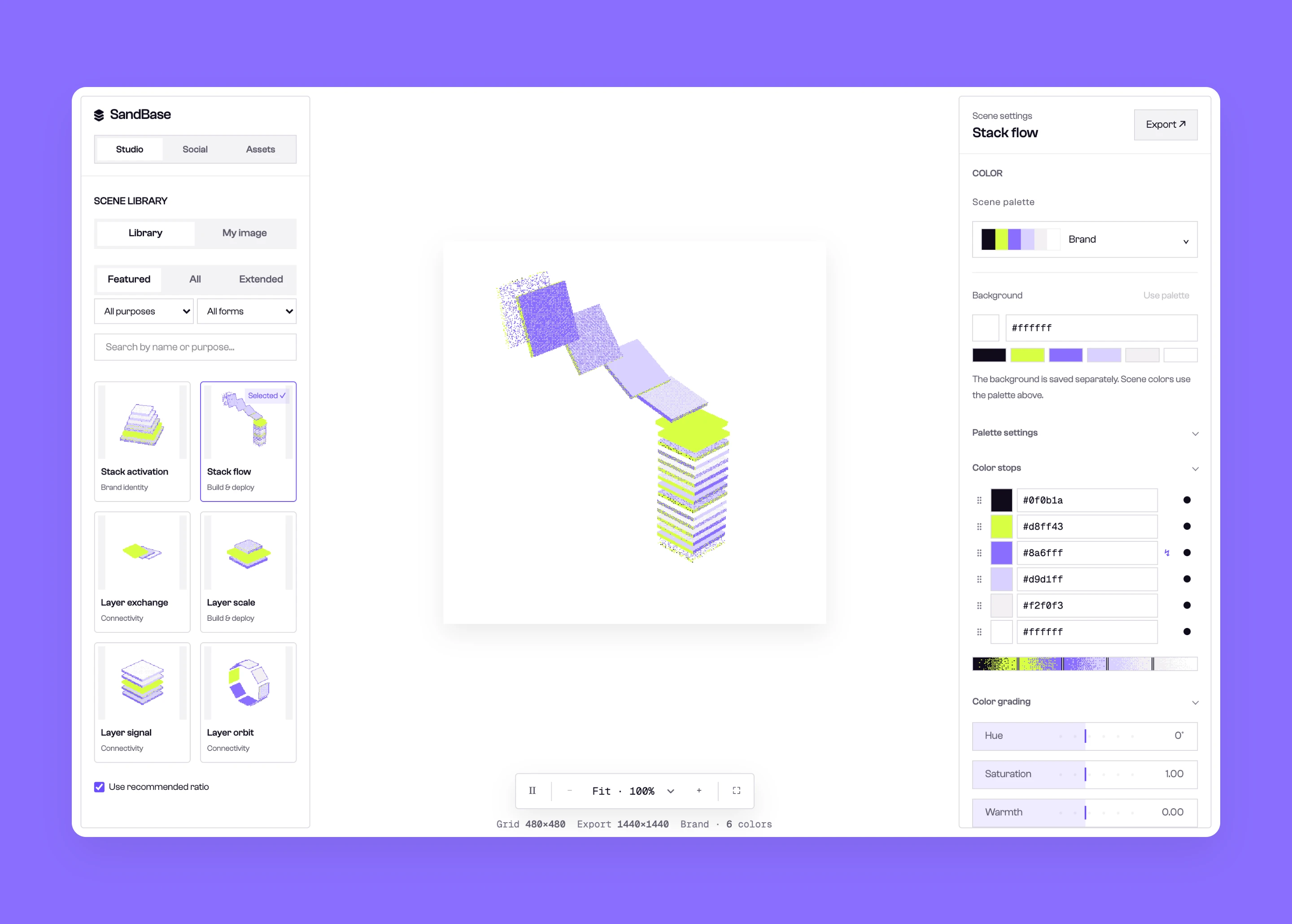 SandBase’s custom Studio showing its scene library, layer artwork, and brand color controls