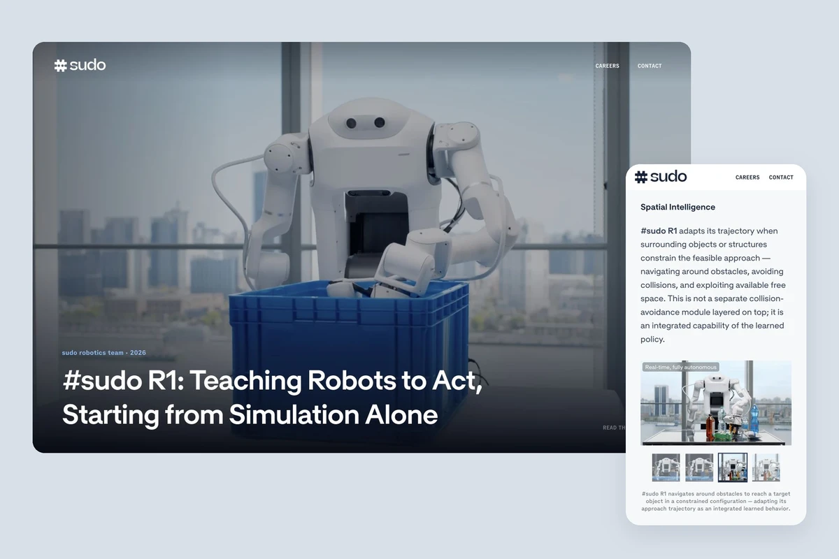 The Sudo R1 website, pairing the desktop introduction with a scrolled mobile research section
