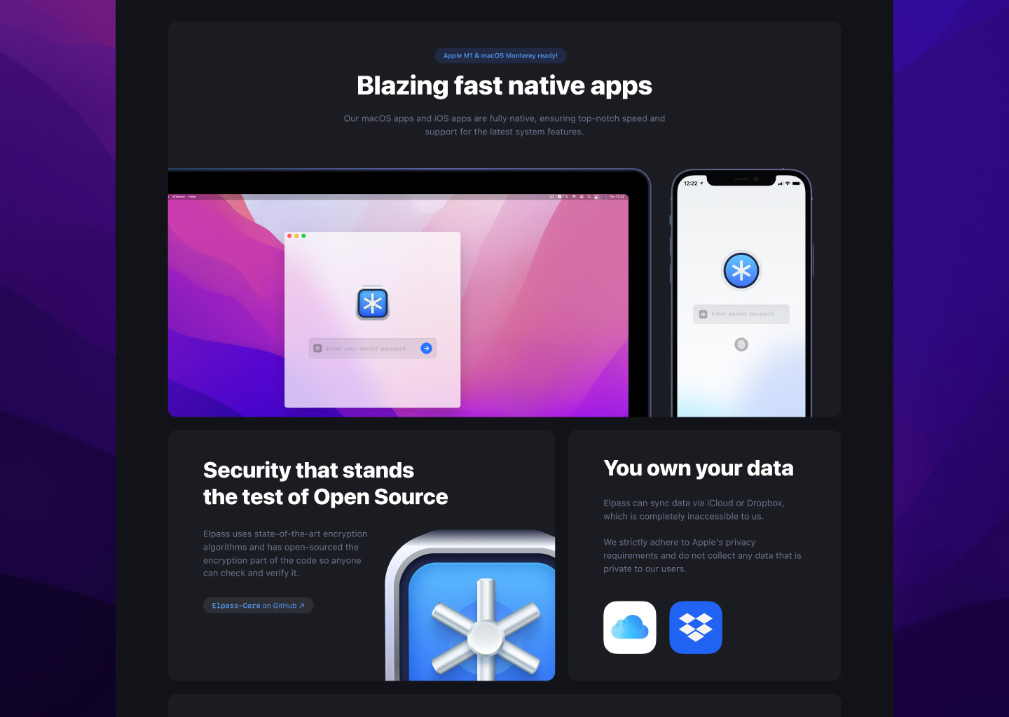 Elpass website in dark mode